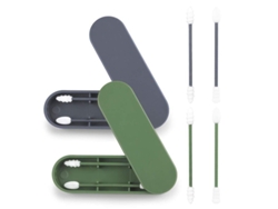 Linjou Bastoncillos De Algodón Reutilizables, Paquete De 2, De Silicona, Portátiles, Para Limpieza De Oídos, Con Doble Punta (verde + Gris)