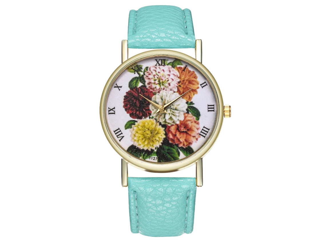 Reloj De Pulsera Analógico De Cuarzo Para Mujer Con Correa De Pu Y Estampado Floral (menta).