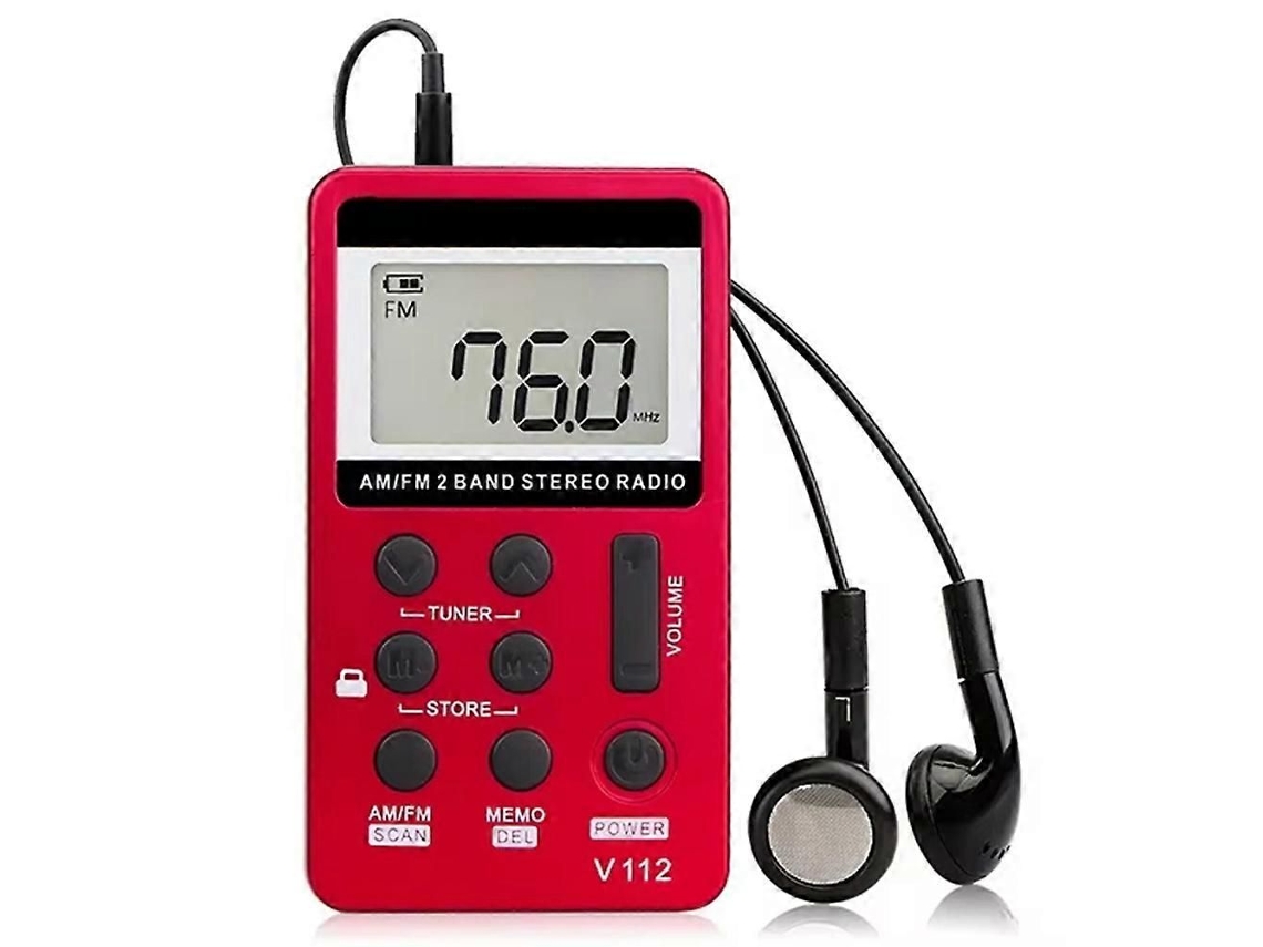 Mini radio de bolsillo, receptor de radio AM/FM portátil, auriculares recargables para senderismo, color rojo.