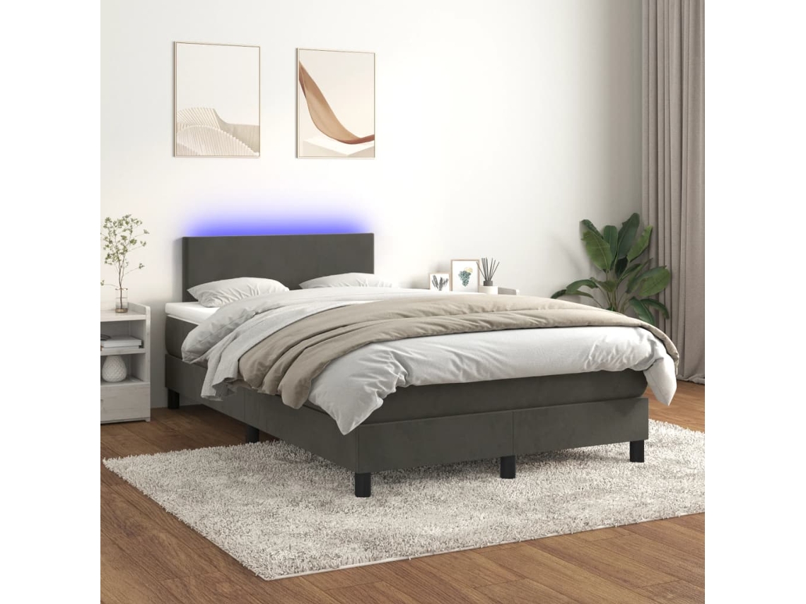 Cama Box Spring Colchón Y Led Terciopelo Gris Oscuro 120x200 Cm
