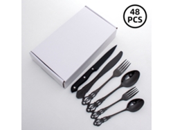 Vajilla MDUG negra de 48 piezas con cubiertos y cucharas de acero inoxidable con diseño en relieve