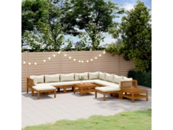 12 Piezas Conjunto Lounge Jardim C/ Almofadões Creme Acácia Maciça Dkd Decoración Del Hogar