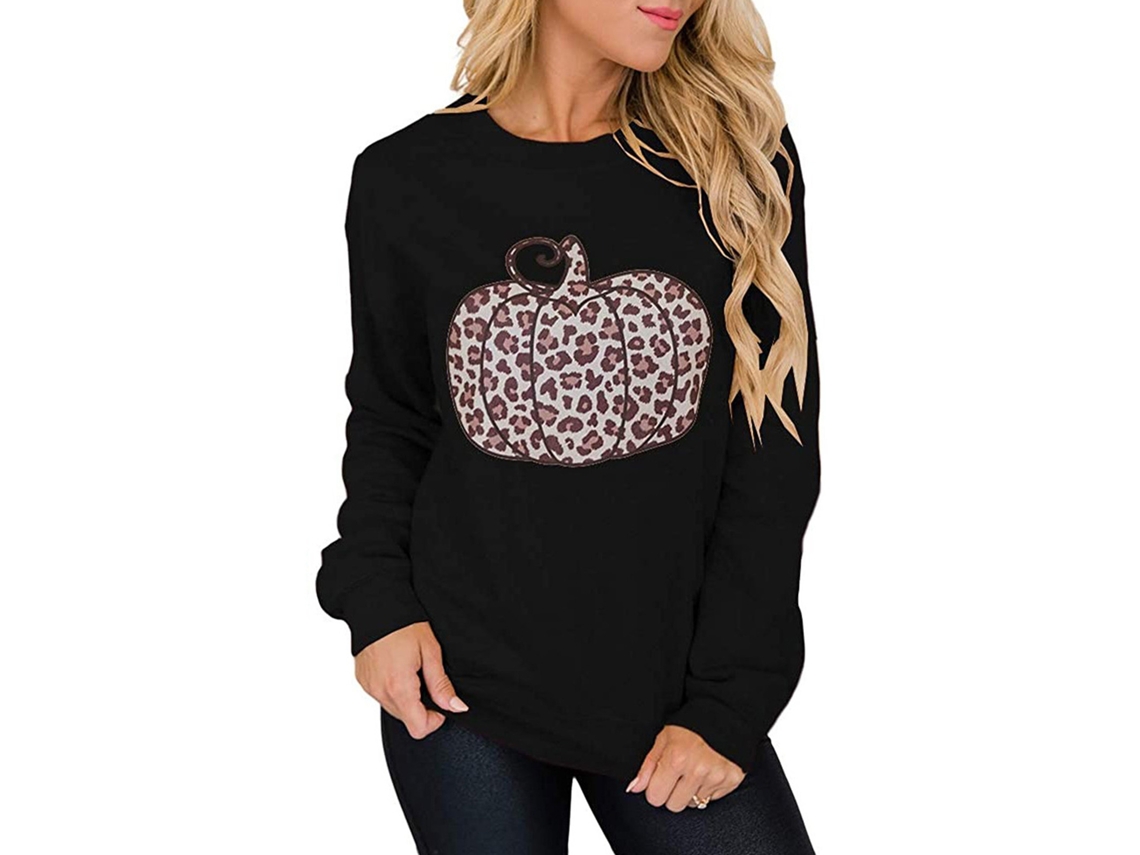 Moletom feminino de Halloween com estampa de leopardo, gola redonda e mangas compridas, tamanho G, preto.