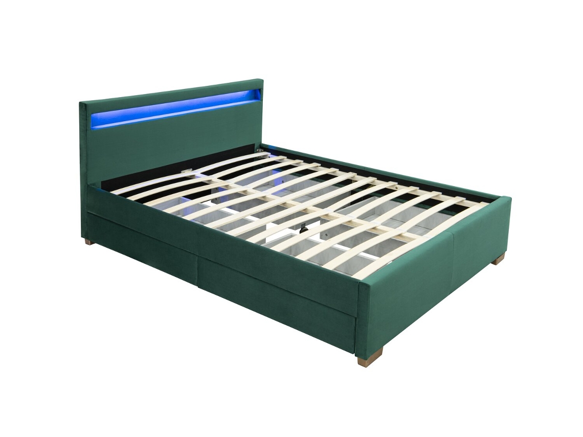 Estructura de cama CONCEPT U de terciopelo verde con almacenaje y LED integrado - 140X190 cm Enfield