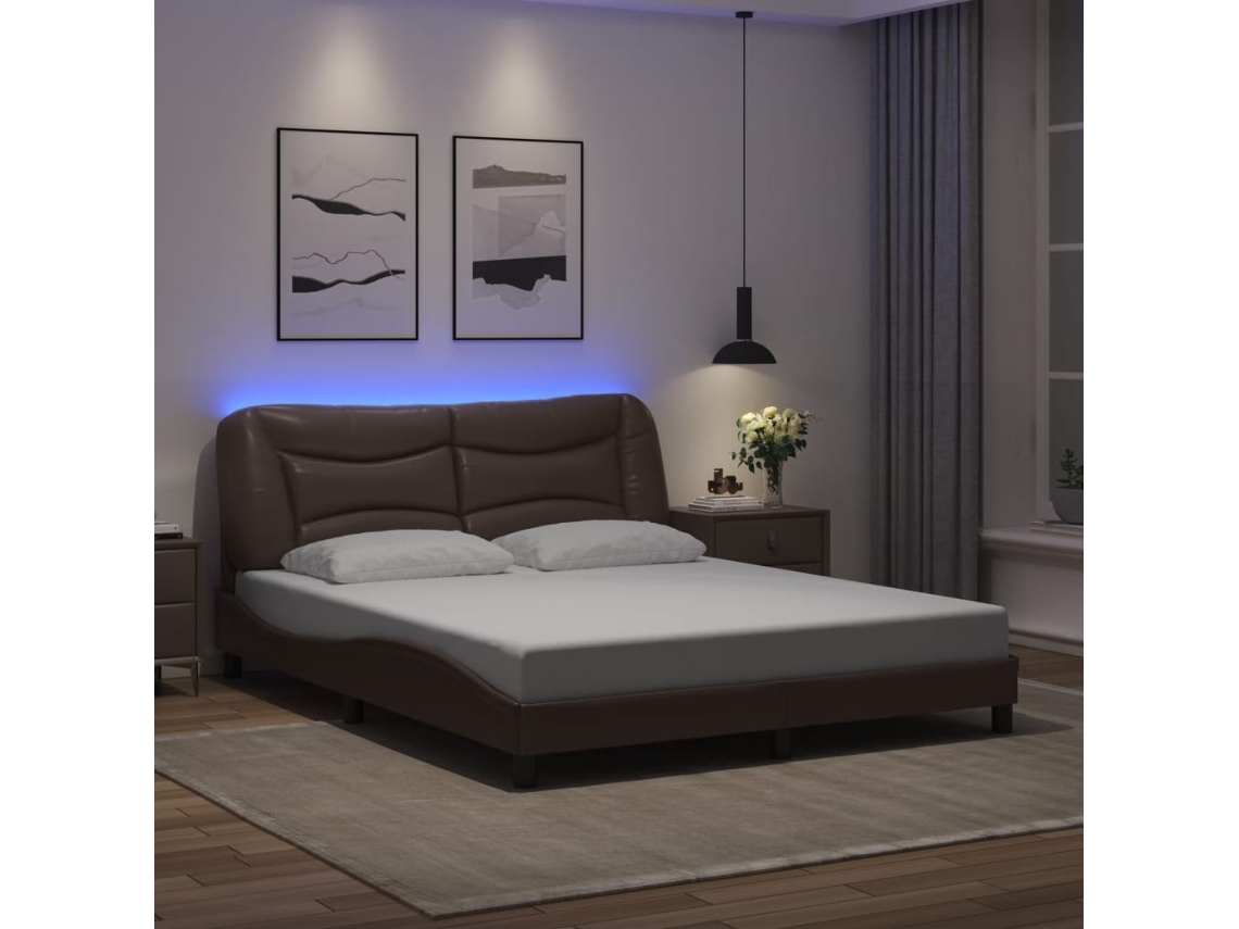 Estructura De Cama Con Luces Led Cuero Pe Marrón 160x200 Cm
