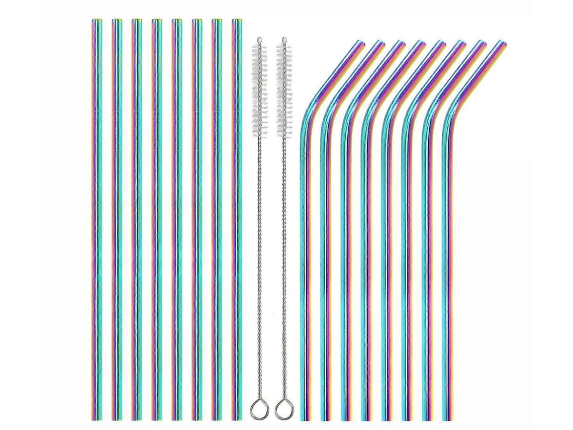 Juego de 16 pajitas reutilizables de acero inoxidable con 2 cepillos de limpieza lavables - Coloridas - Rosewell