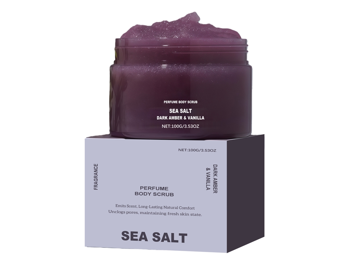Gel corporal exfoliante con aroma a ámbar y vainilla.