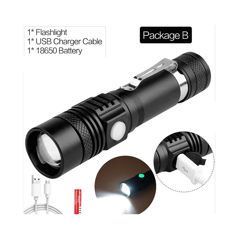 Linterna superbrillante - Interfaz USB - Luz para bicicleta - Recargable - Batería 18650