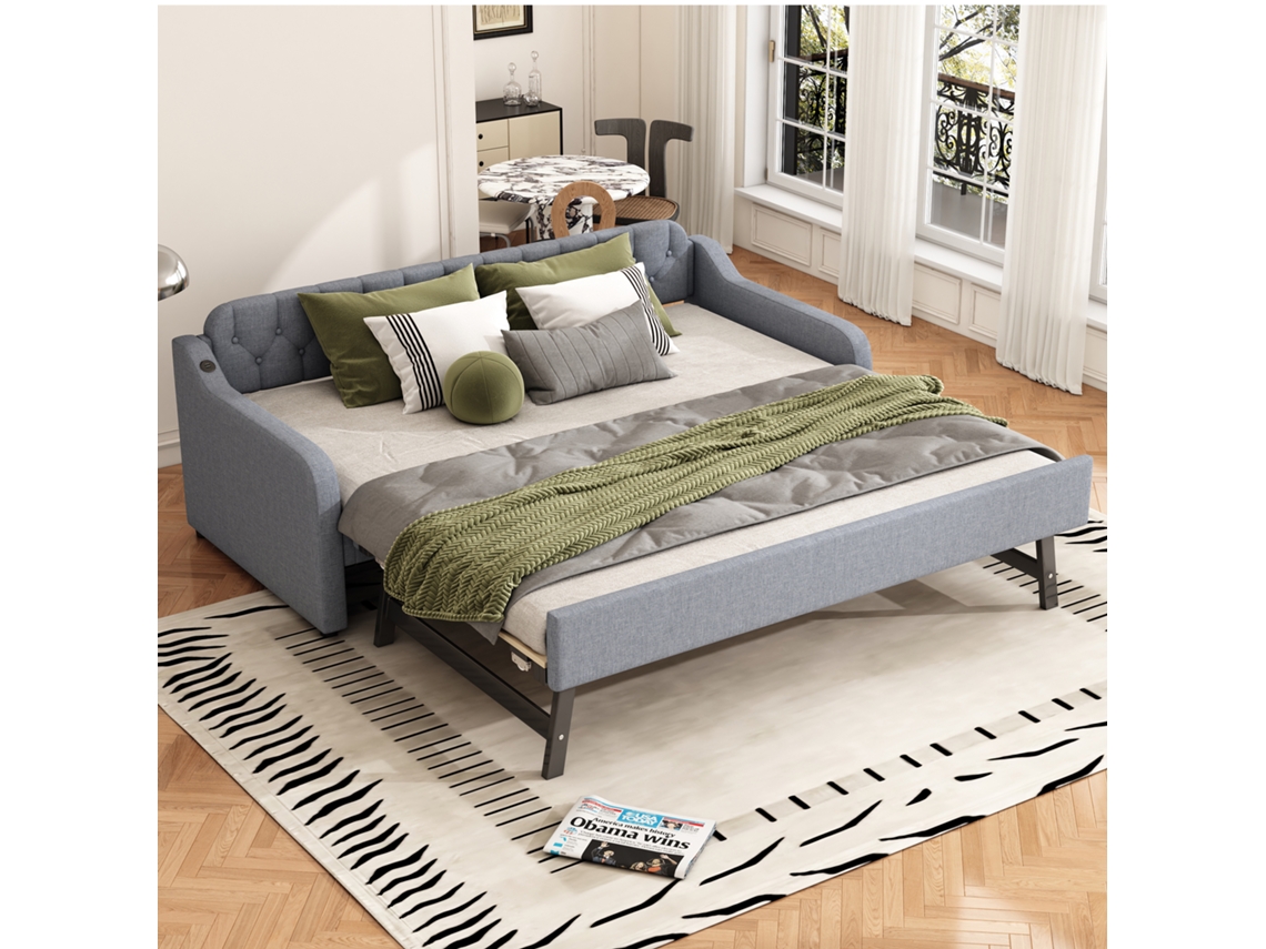 Sofá Cama Extensible De 90x200 Cm Con Cama Integrada, Puerto Usb, Estructura De Madera, Color Gris.