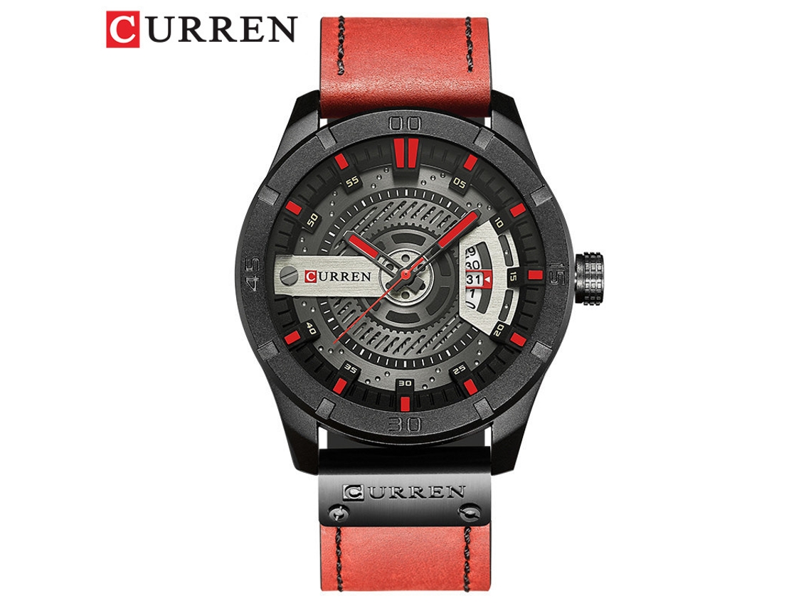 Relógio Masculino Com Pulseira De Couro (preto E Vermelho), À Prova D'água, Personalizado, De Quartzo, Com Calendário.