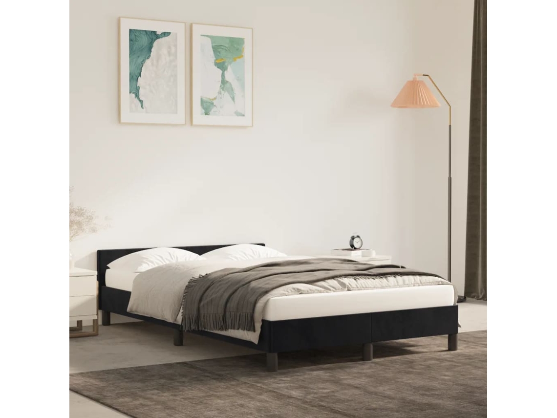 Cama con plataforma y cabecero de terciopelo negro (120x200 cm)