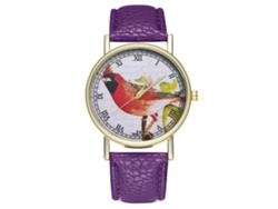 Reloj De Pulsera De Cuarzo Para Mujer, Estilo Clásico Moderno, Con Correa De Piel Sintética Y Estampado De Pájaros Morados.