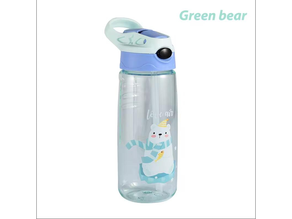 Botella de agua infantil de 500 ml con tapa y pajita, sin BPA. Mdug (Oso Verde)