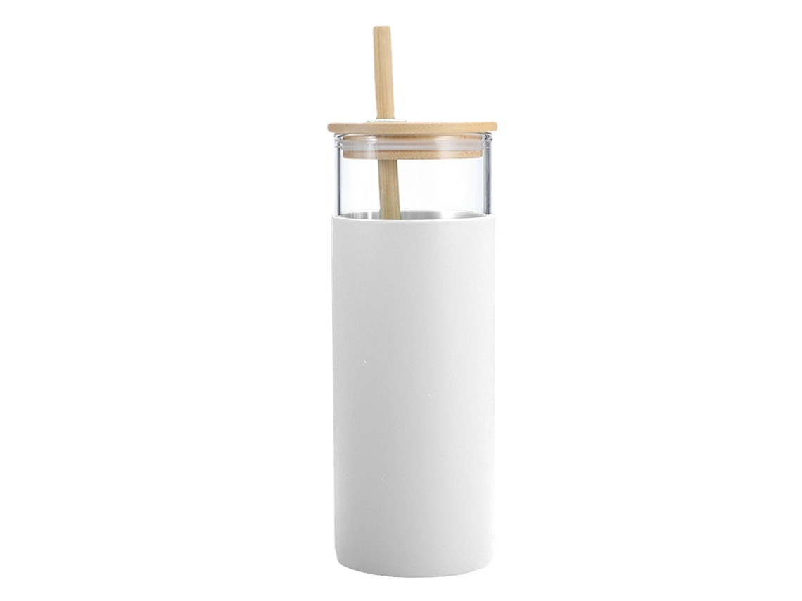 Vaso de vidrio de una sola capa de 500 ml con pajita y tapa de bambú, vaso con soporte de silicona JEIIBRZUI