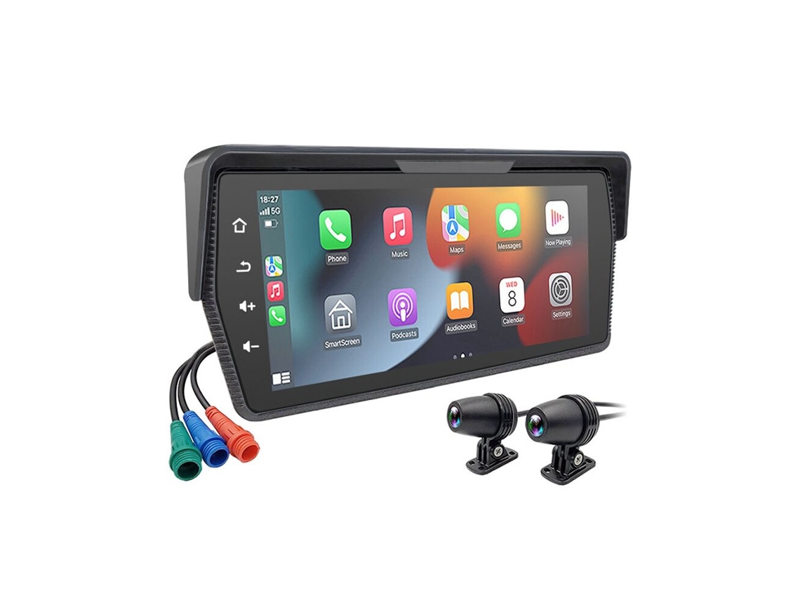 Grabadora de vídeo digital portátil para motocicleta de 6,86 pulgadas con CarPlay inalámbrico y pantalla Android Auto, GPS y cámaras AHD duales.