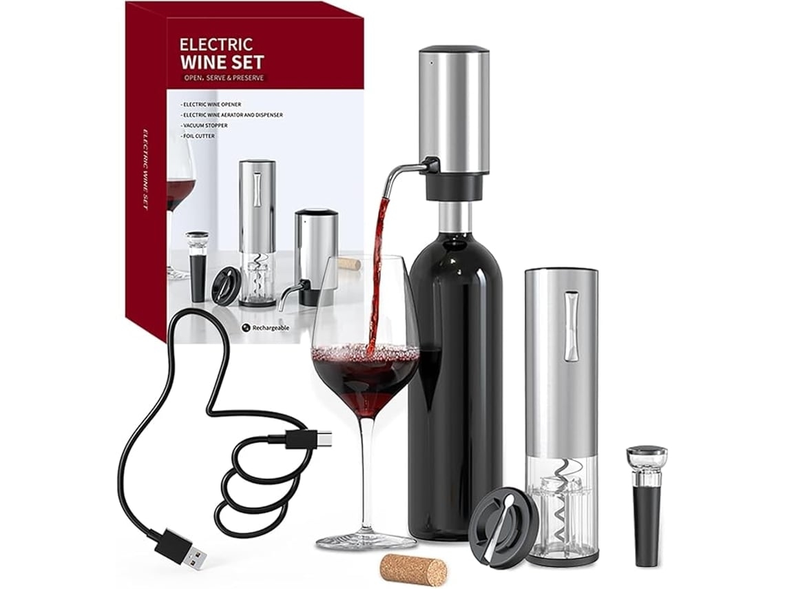 Kit De Presente Para Abrir Garrafas, Que Inclui Um Abridor Elétrico 4 Em 1 E Garrafas De Vinho Recarregáveis, Com Acabamento Prateado.