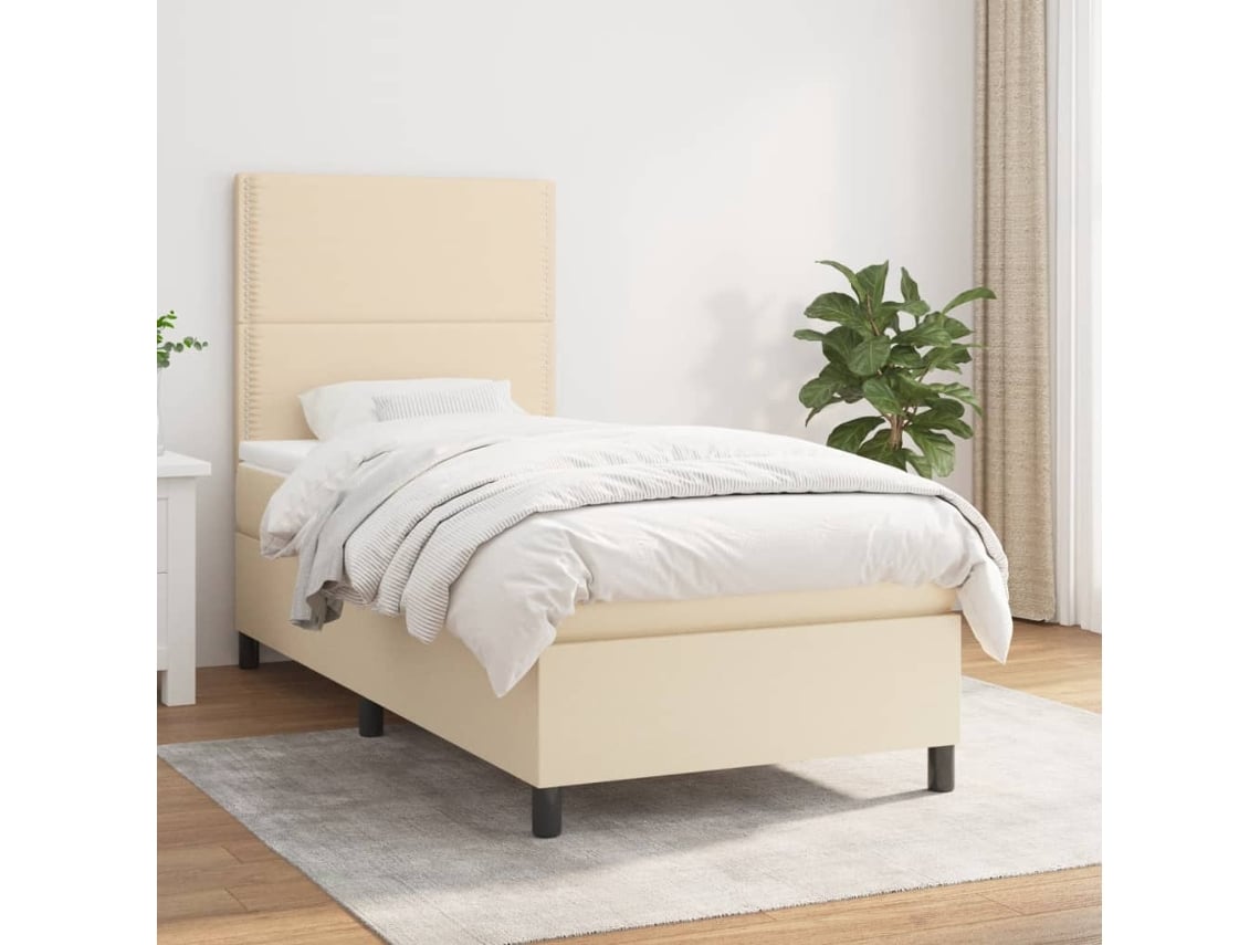 Cama Box Spring Con Colchón Tela Color Crema 90x190 Cm