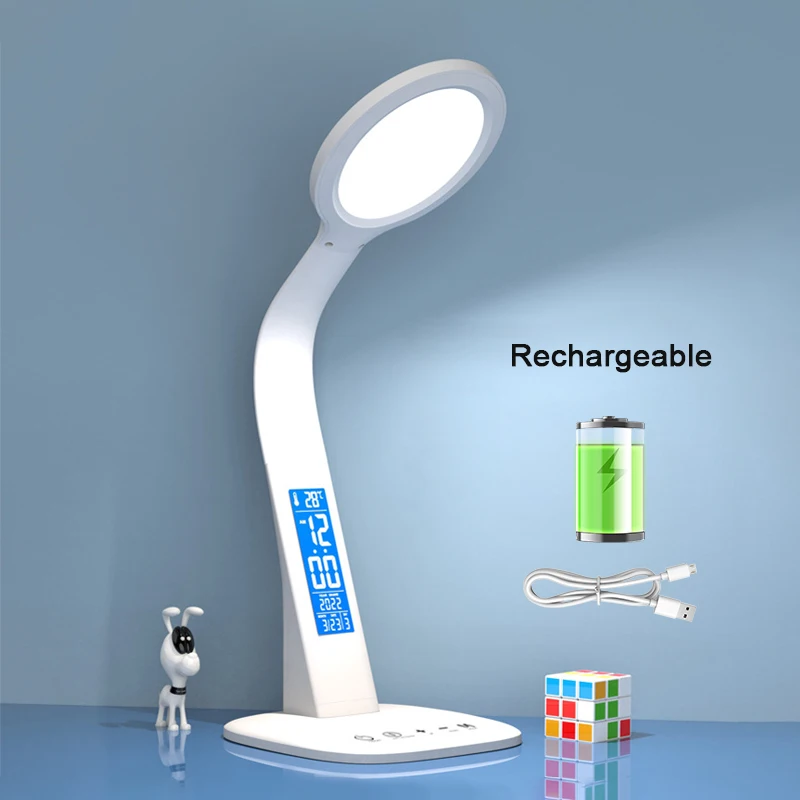 Lámpara de escritorio LED con reloj (batería recargable de 5000 mAh), recargable por USB, brillo ajustable, plegable.