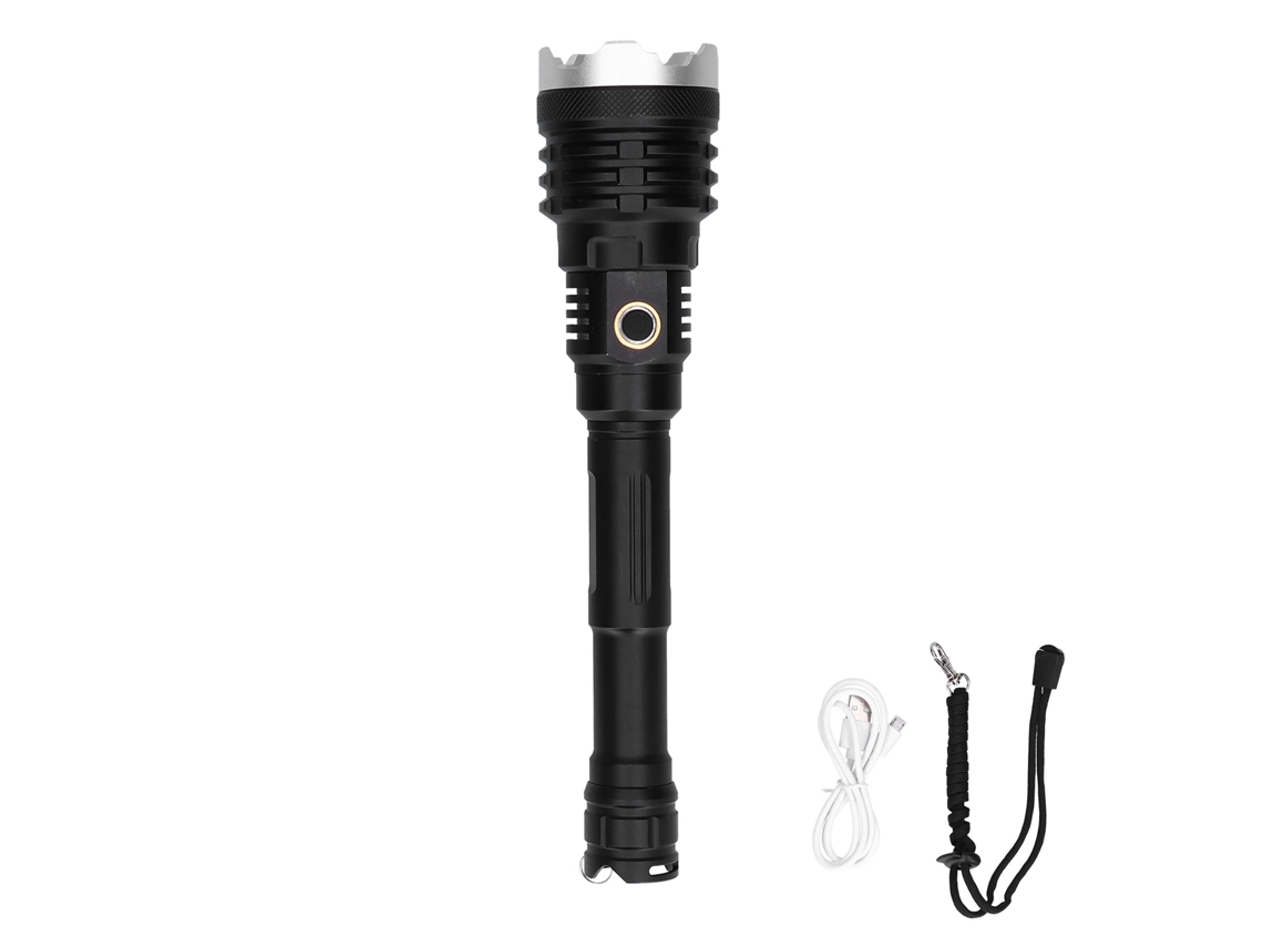 Linterna LED de alta potencia 2026 con zoom de 5 niveles, recargable por USB, para uso en emergencias y exteriores.