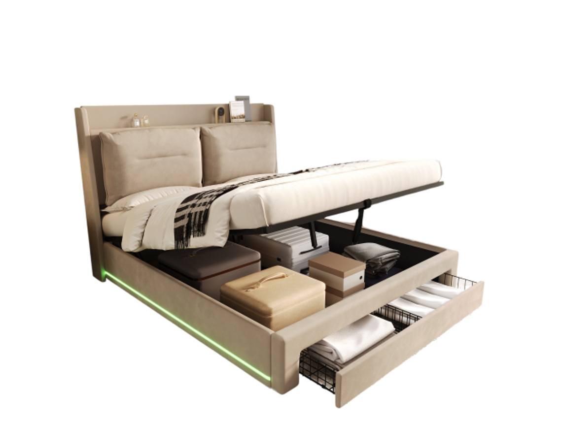 Cama De Matrimonio Estofada 180x200 Beige Led Hidráulico Cajones 2en1 Tiras Luminosas Sin Colchón