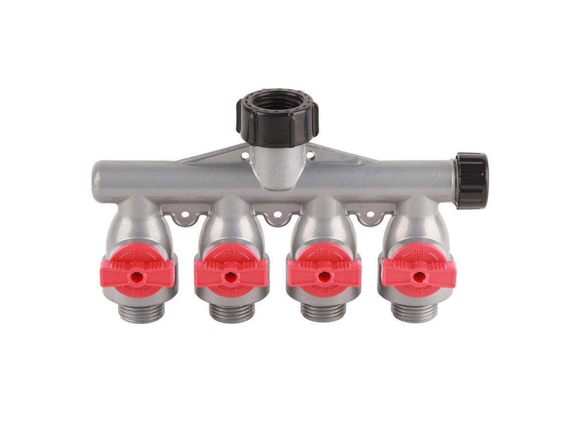 Conector divisor de agua de 4 vías con válvula de acero galvanizado