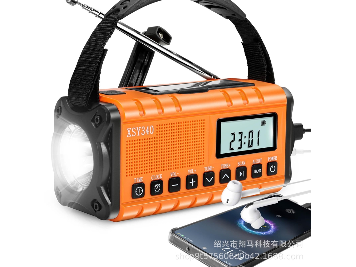 Radio solar con manivela AM/FM NOAA de 10 000 mWh, linterna de 3 modos para emergencias en campamentos familiares, color naranja