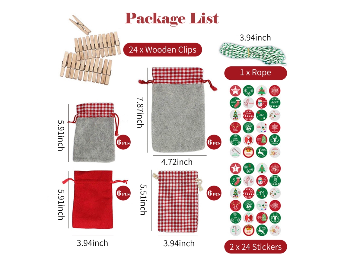 Bolsas de calendario de Adviento hechas a mano para decoración de cuenta regresiva navideña