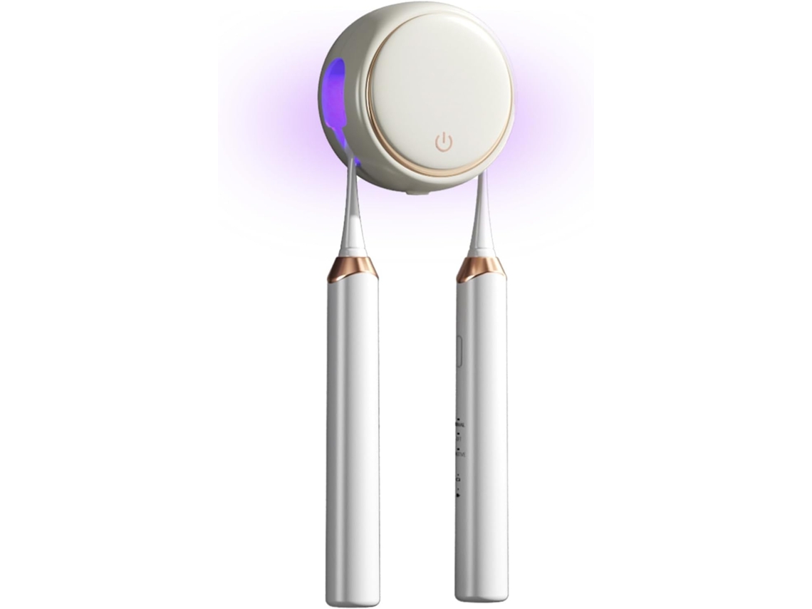 Limpiador y soporte para cepillos de dientes con 2 compartimentos, estuche recargable con secado por aire caliente, montaje en pared beige Aeuzwr
