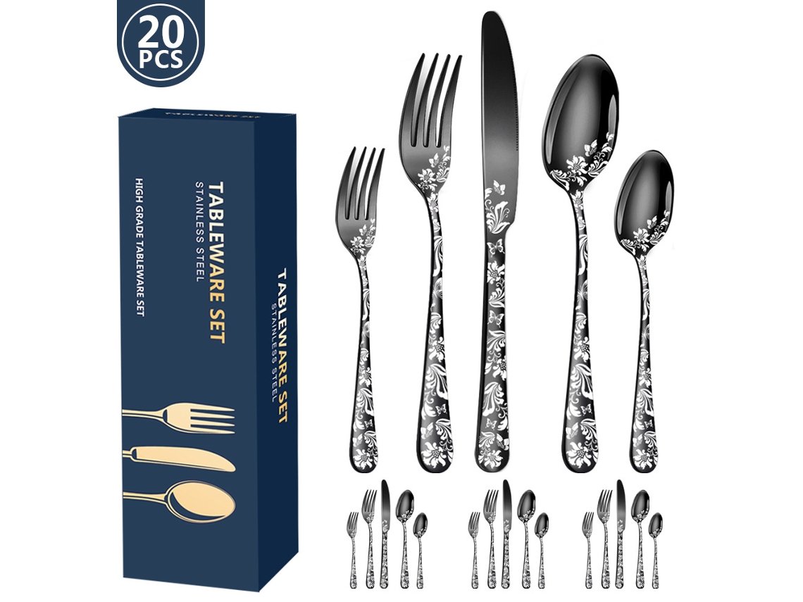 Conjunto de Talheres de Aço Inoxidável 20 Und-Preto GERTIZ