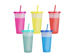 Set de 5 vasos que cambian de color de 710ml, reutilizables con tapa y pajita TRUYUETY