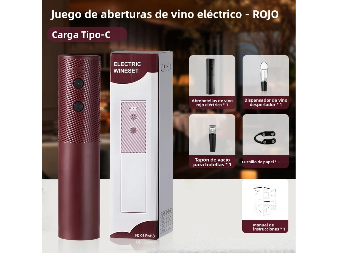 Abridor de botellas eléctrico recargable, diseño de un solo botón, perfecto para fiestas y Navidad. Mdug (rojo)