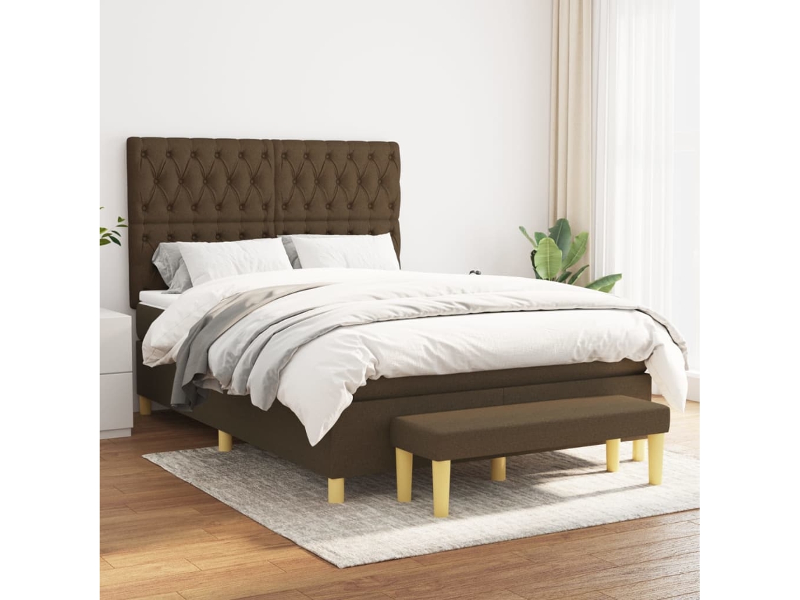 Cama Box Spring Con Colchón Tela Marrón Oscuro 140x190 Cm