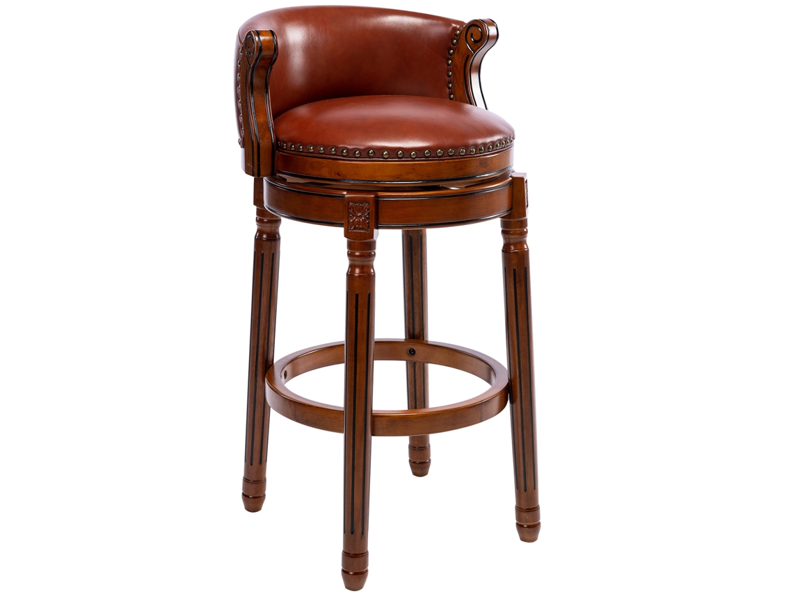 Taburete De Bar De Madera Con Asiento De Cuero De Vaca, Giratorio 360°.