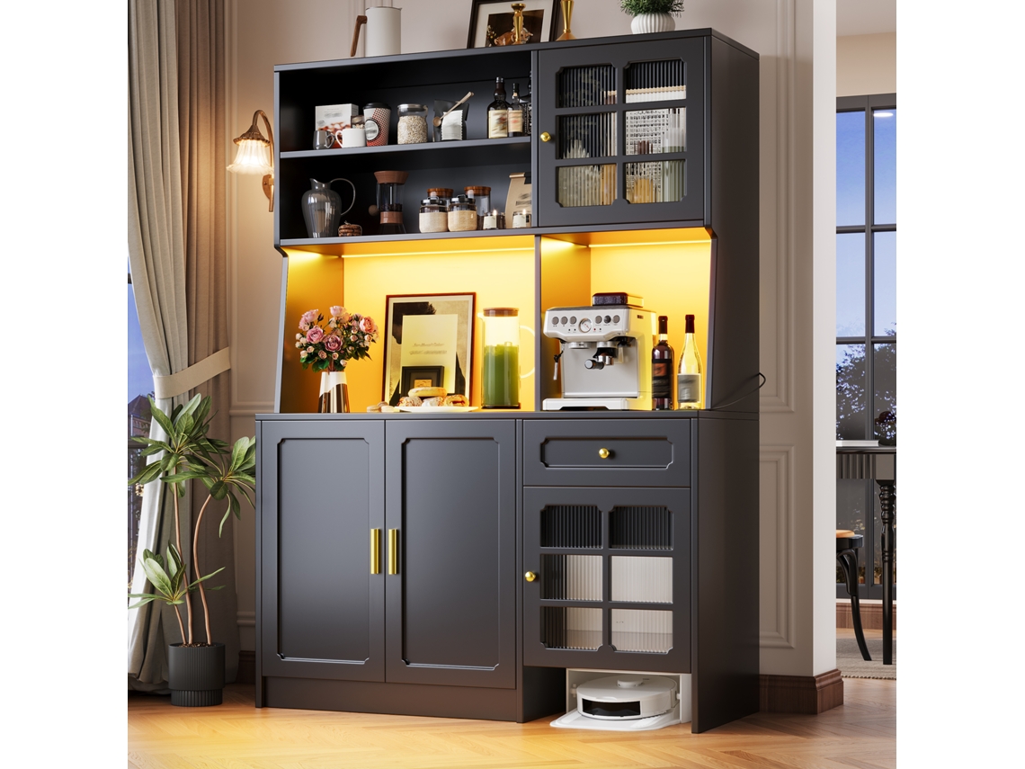 Mueble De Cocina De 130 Cm Con Puertas De Cristal E Iluminación Led Negra.