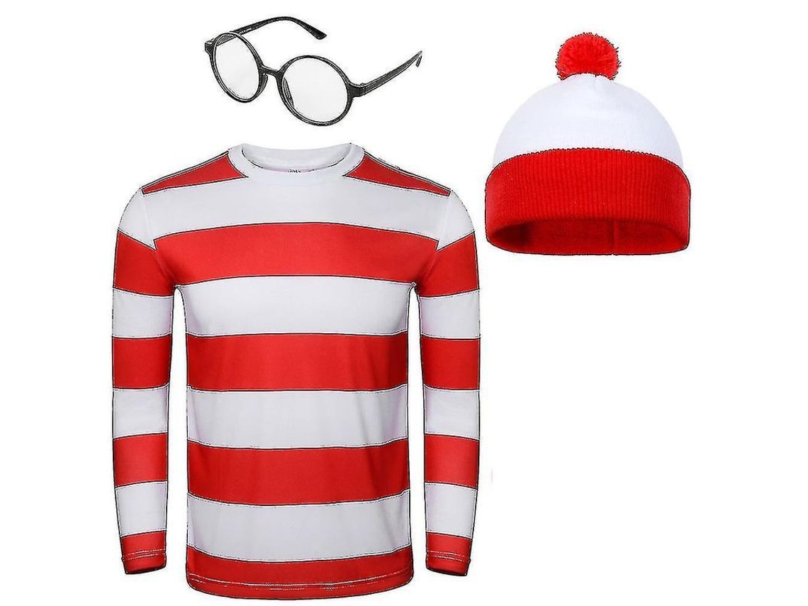 2026-traje De Cosplay Wally Para Adultos Con Camisa Rayada Rojo Y Blanco Gorro Y Gafas Set Para Halloween Y Fiestas De Disfraces