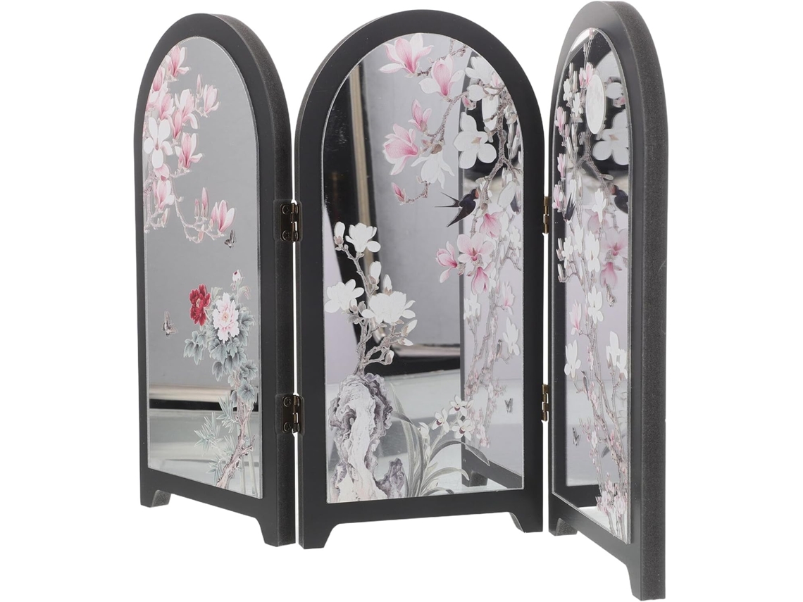 Separador De Ambientes Plegable De Tres Paneles Estilo Chino, Espejo Decorativo Plegable De Madera