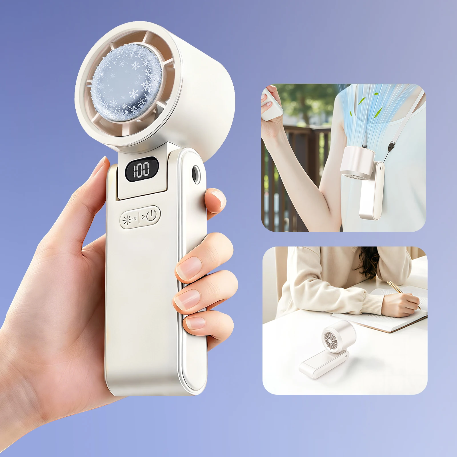 Ventilador De Mano (blanco), Ajustable A 90°, 100 Niveles De Velocidad Del Viento, Pantalla Digital Led.