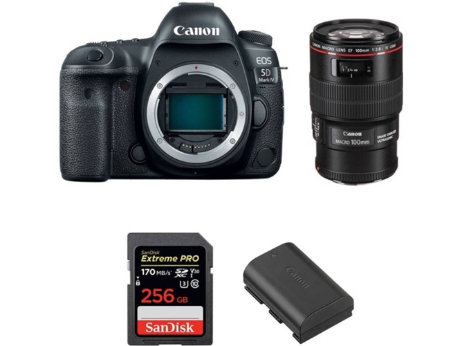 Kit Cámara CANON EOS 5D Mark IV + EF 100mm f/2.8L Macro IS USM + SanDisk 256 GB + Batería (Full-Frame)