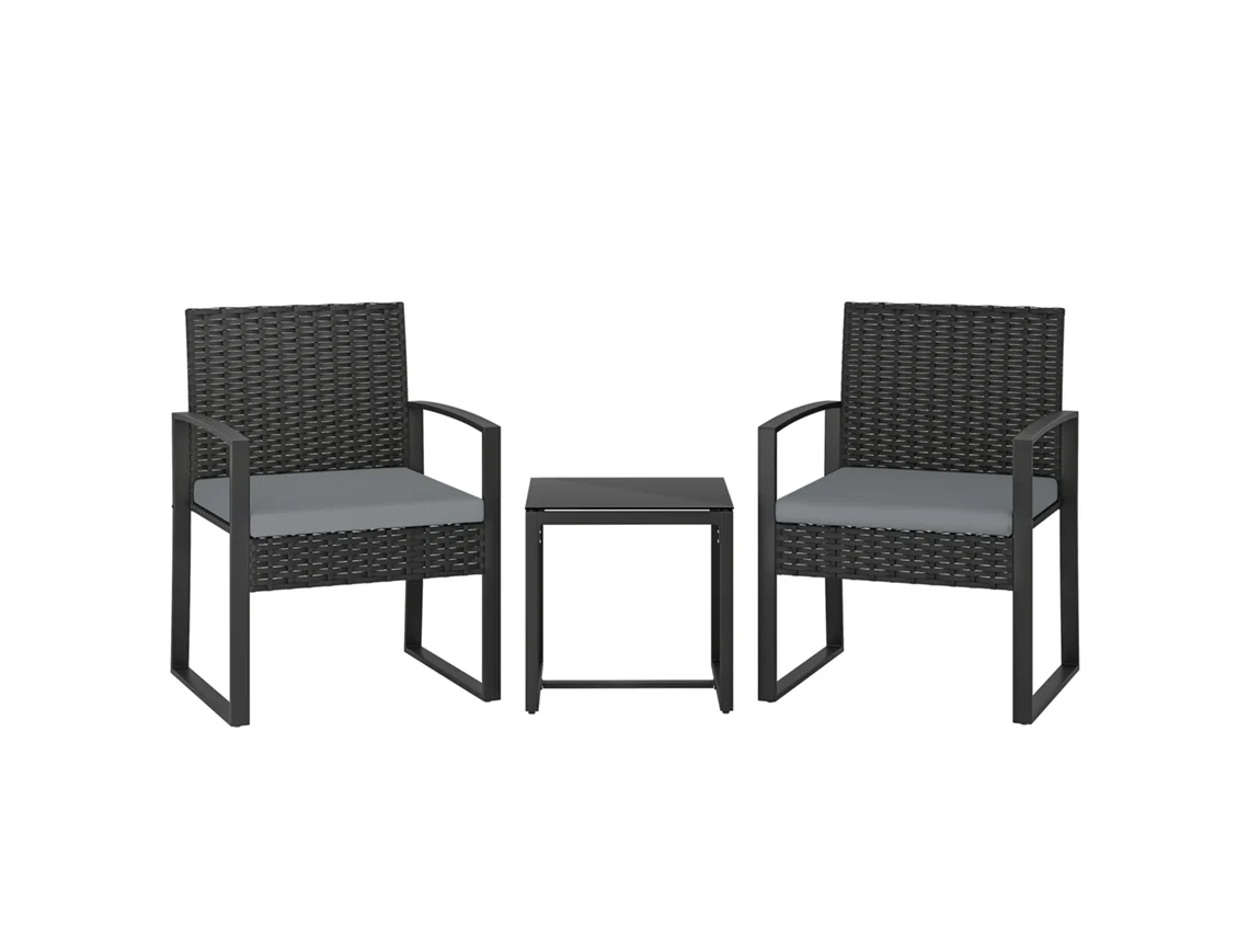 Conjunto De Muebles De Ratán Con 2 Sillas Y Mesa De Cristal Gris.