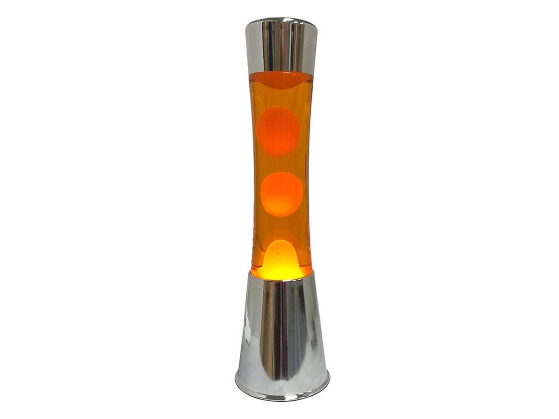 FISURA - Lámpara de lava naranja. Base plateada cromada, líquido naranja y lava naranja. Lámpara efecto relajante. 11 cm x 11cm x 39,5 cm.