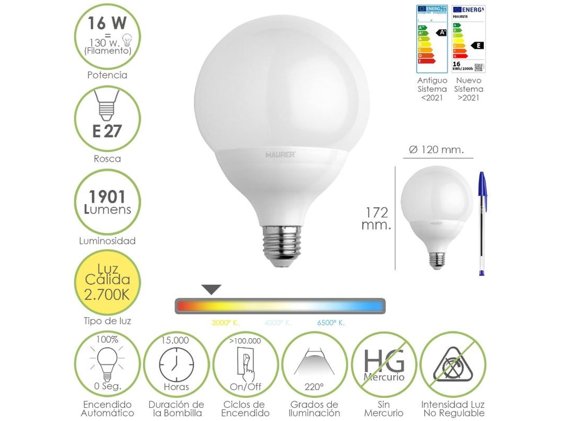 Bombilla led globo rosca e27. 16 watt. equivale a 130 watt. 1901 lumenes. luz cálida (2700  k.)