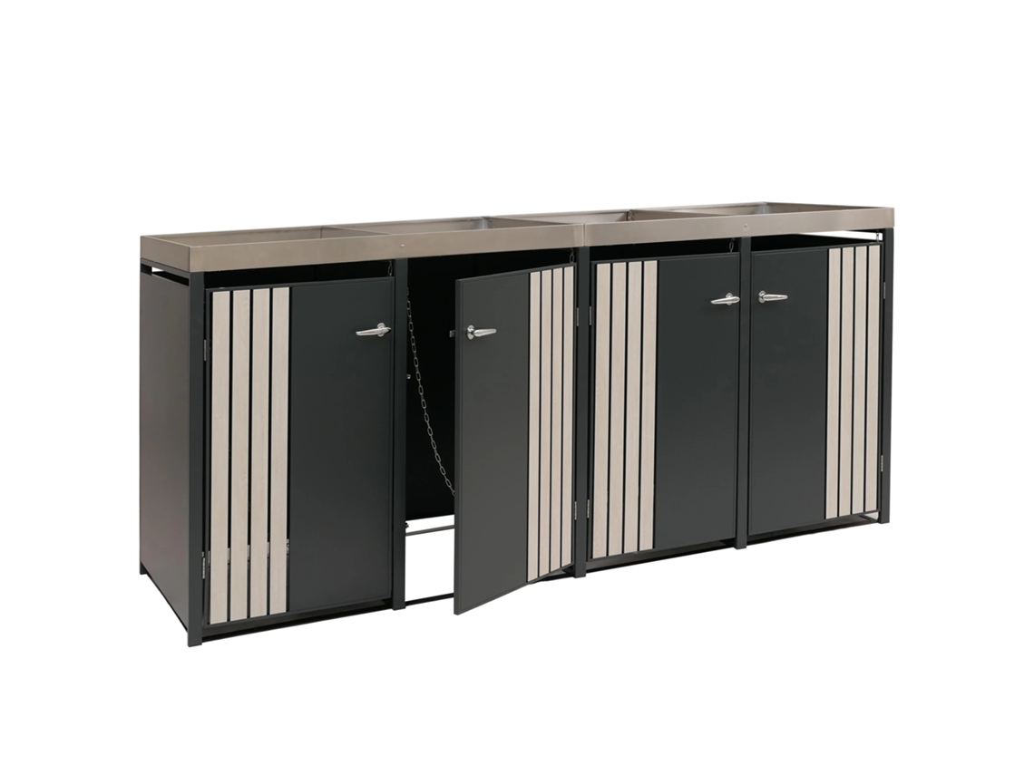 Abri Pour 4 Poubelles Avec Bac À Plantes Coffre Poubelles 125 X 260 X 84 Cm En Métal Antracita Aspecto Bois Clair 04_0009314