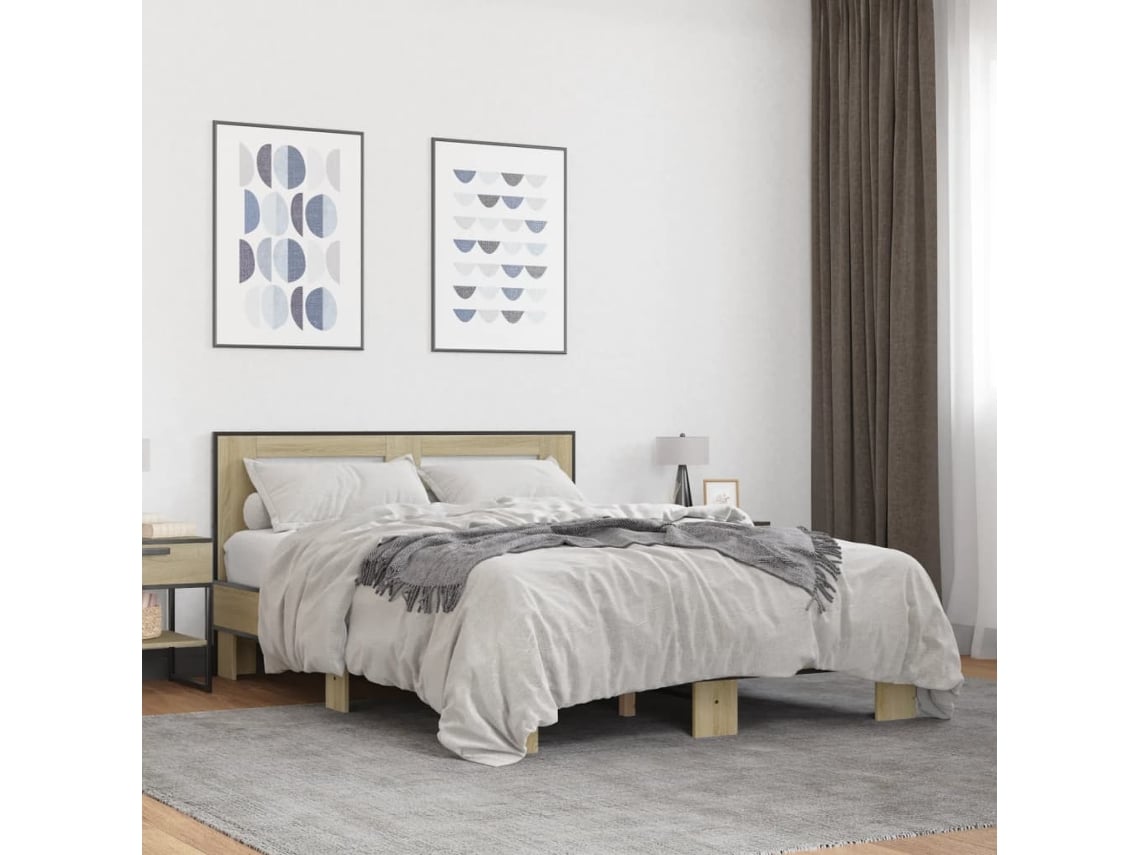 Estructura Cama Madera Ingeniería Metal Roble Sonoma 120x200 Cm