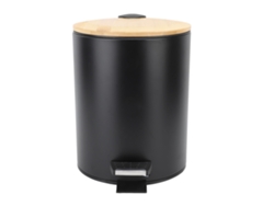 Cubo De Basura De Gran Capacidad Con Tapa De Bambú Y Pedal Para Baño/cocina, Negro, 5 Litros