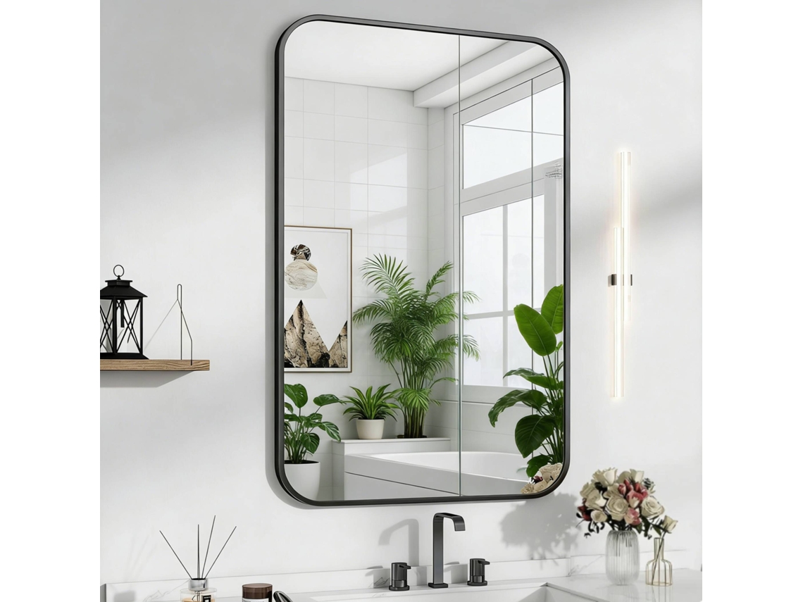 Espejo de baño rectangular grande con esquinas redondeadas ZKAKA (76 x 101 cm)