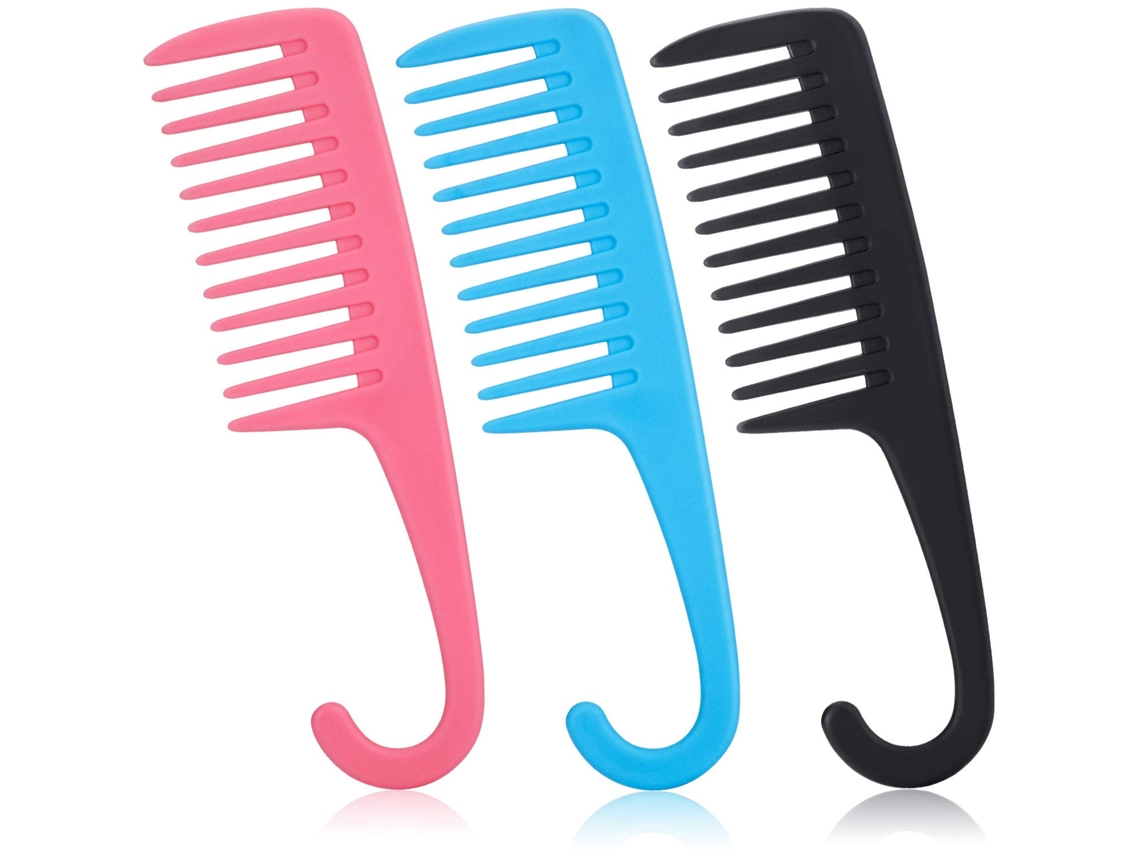 Peine de dientes anchos de 3 piezas, peine de baño, peine desenredante con gancho, peine para uso diario y peluquería, rosa, negro y azul
