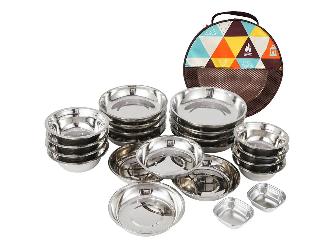 Juego de vajilla de acero inoxidable de 22 piezas para camping y autocaravanas
