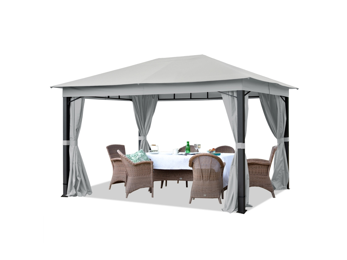Pérgola de jardín de 3x4 m aprox. Lona para techo de 220 g/m². Incluye 4 cortinas grises.