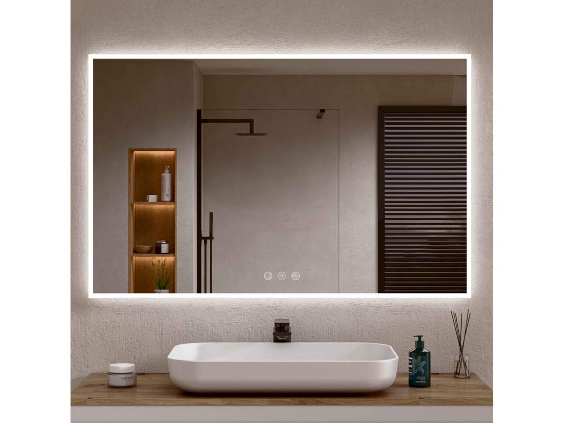 Espejo de Baño con Luz LED Perimetral, Luz Regulable en 3 Colores e Intensidades, Antivaho, Aluminio Blanco 80 x 120 cm Bellobath