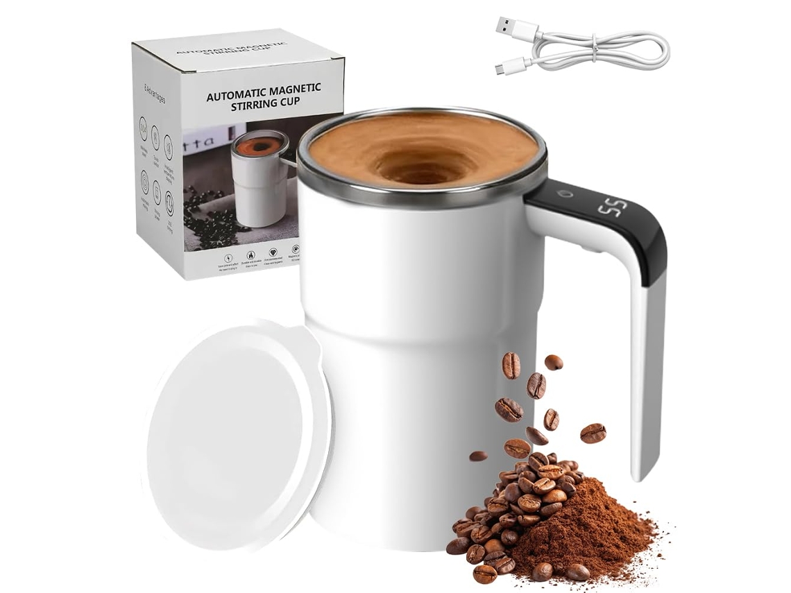 Vaso Mezclador Magnético Automático 380ml De Acero Inoxidable, Lavable, Carga Usb, Color Blanco.
